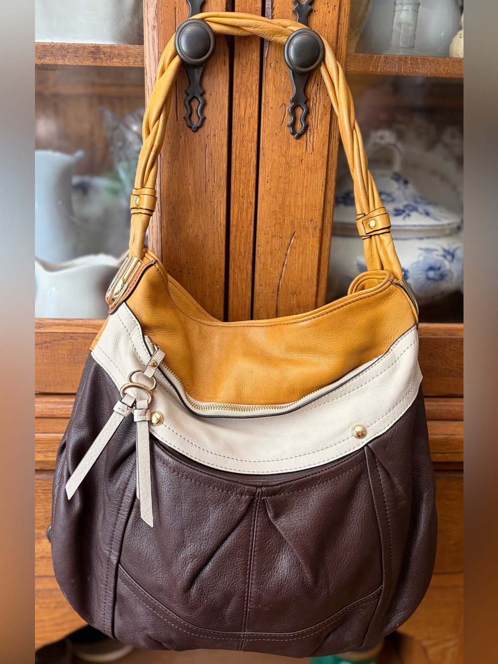 VTG Y2K B Mackowski Colorblock Leather Hobo Bag Boho Chic Earth Tones Casual Lux